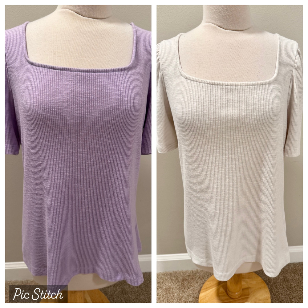 Bundle Lot of 2 Anne Klein Women Large Tops Ribbed Square Neck Puff Sleeve Cream
